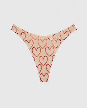 Women's La Senza High Leg Thong Panty Underwear Foiled Hearts Rosetan | nPzK5G0h