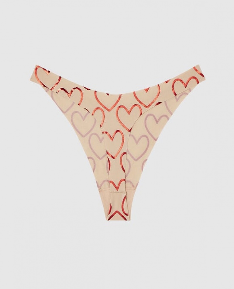 Women's La Senza High Leg Thong Panty Underwear Foiled Hearts Rosetan | P7jSrCCM