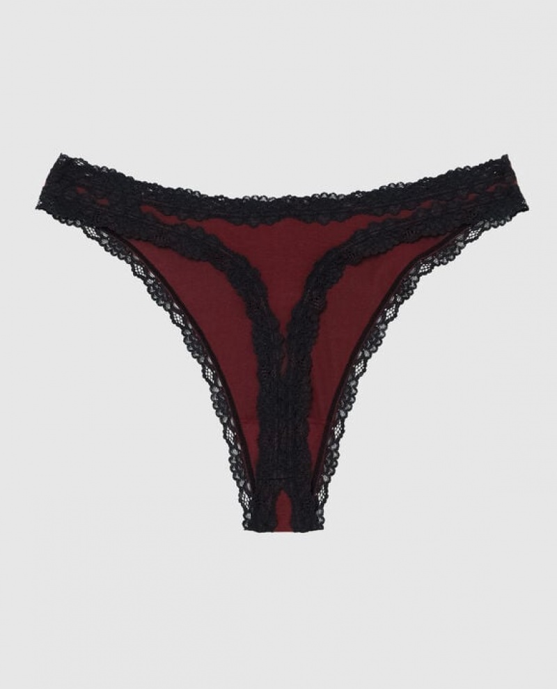 Women's La Senza High Leg Thong Panty Underwear Red Burgundy | pLcYIT4M