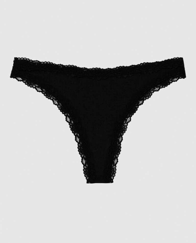 Women\'s La Senza High Leg Thong Panty Underwear Black | Q2CPqKNg