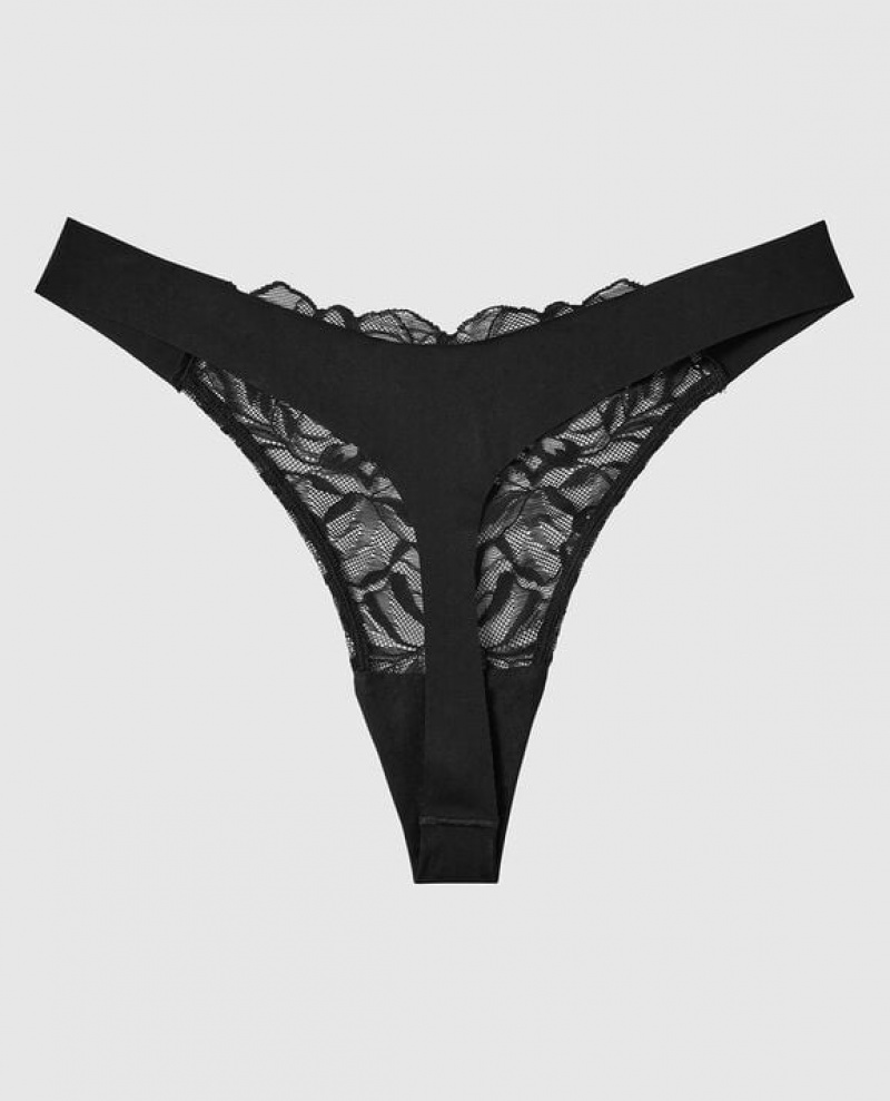 Women's La Senza High Leg Thong Panty Underwear Black | PgJB76QF