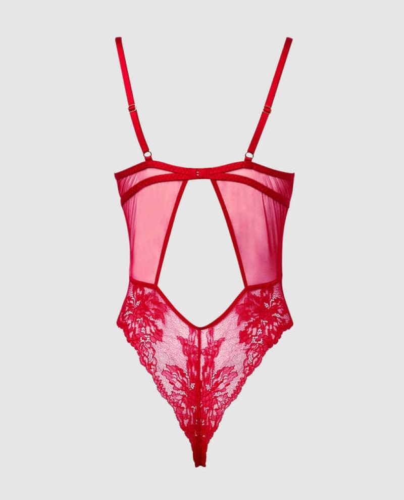 Women's La Senza Lace Bodysuit Lingerie Red | 7tQ4gVld