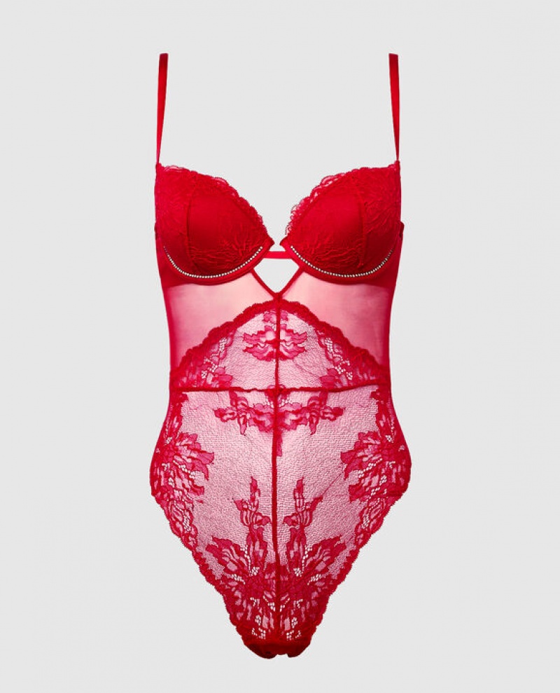 Women\'s La Senza Lace Bodysuit Lingerie Red | 7tQ4gVld