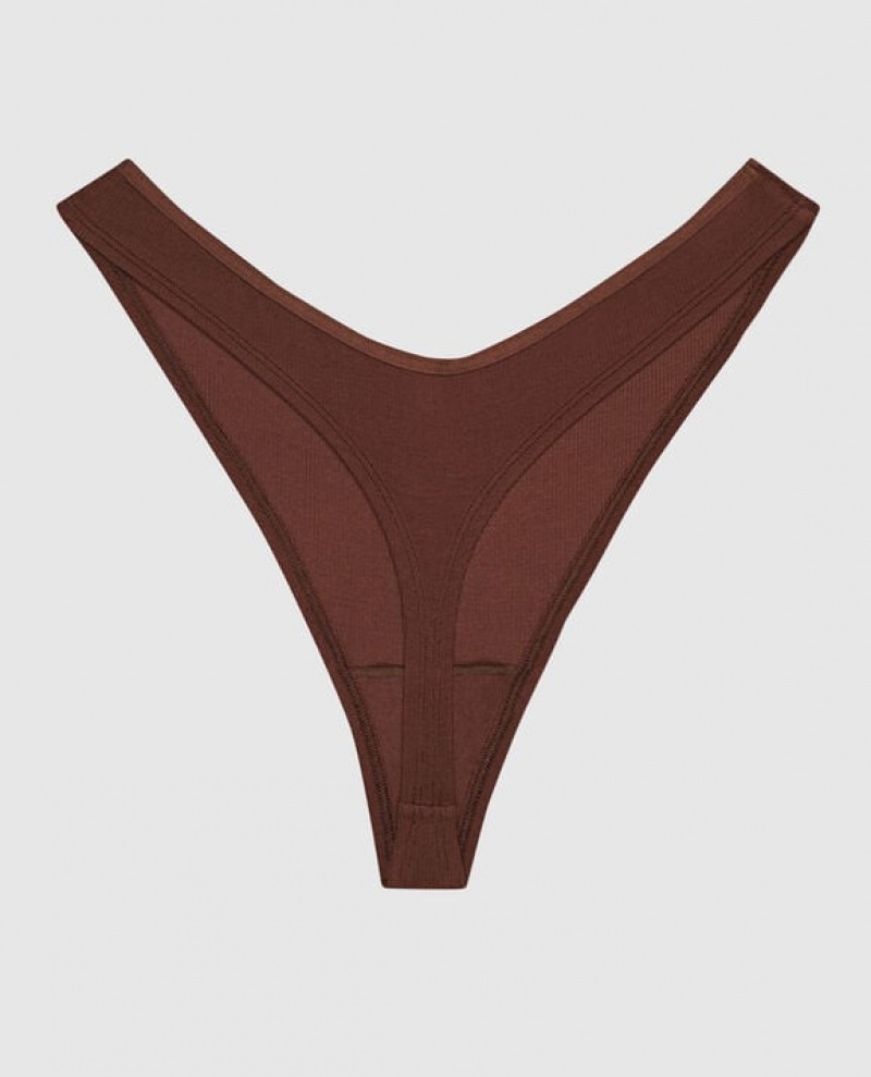 Women's La Senza Ribbed High Leg Thong Panty Underwear Root Beer | VKh2onhV