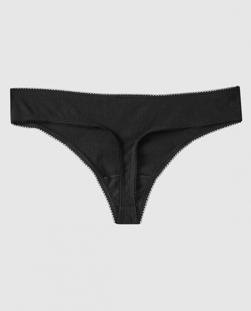 Women's La Senza Ribbed Thong Panty Underwear Black | gLpeTcrl