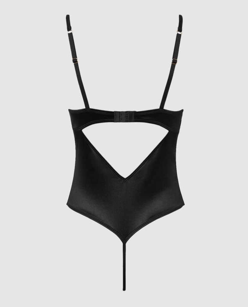 Women's La Senza Unlined Satin Bodysuit Lingerie Black | GVklRHq8