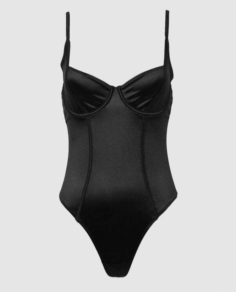 La Senza Lingerie Usa Website - Womens Unlined Satin Bodysuit Black